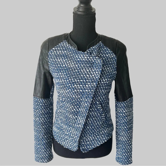 Zara Trafaluc Blue Black Tweed Faux Leather Moto Jacket - Picture 2 of 16
